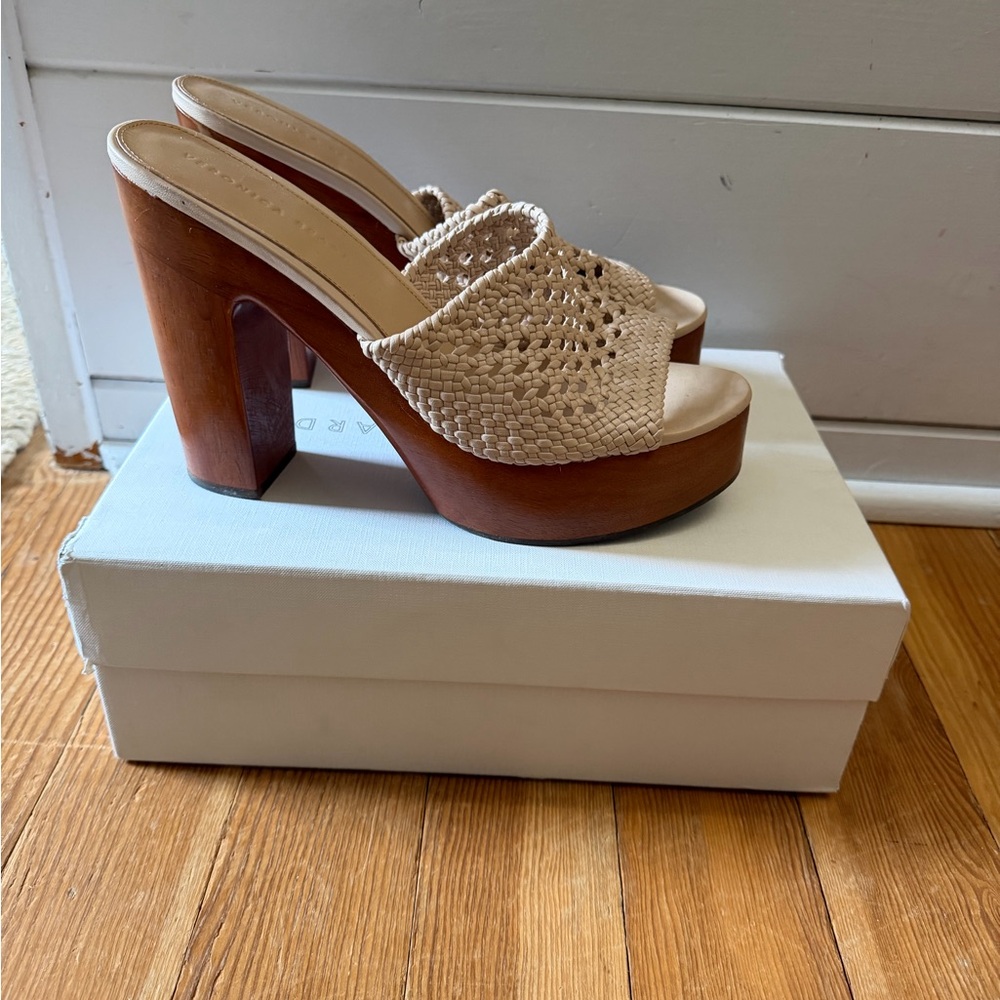 Veronica Beard Guadalupe Cream Woven Leather Platform Mules